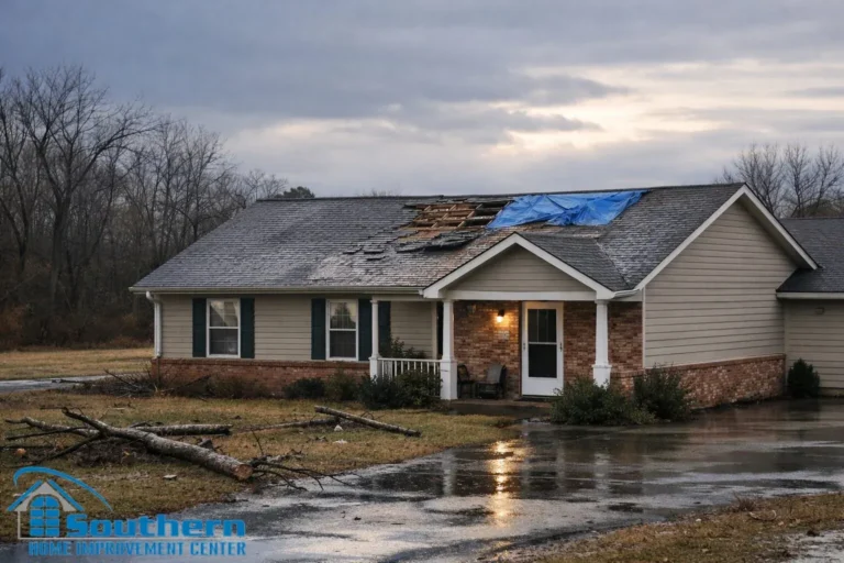 Single-story house with storm damage to the roof and a blue tarp over the damaged section, with fallen branches in the wet yard