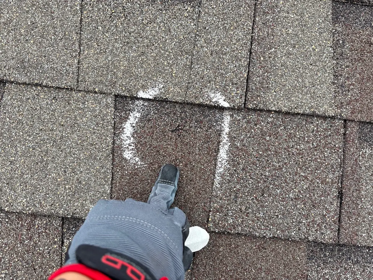 Inspector pointing to a chalk-marked impact spot on an asphalt shingle during roof damage documentation.