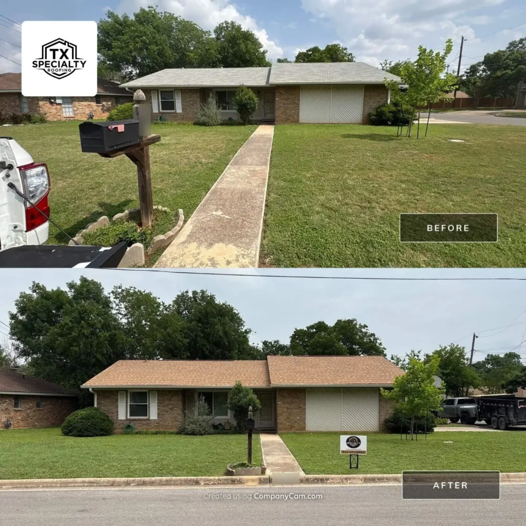 Before and after photos of a roof replacement in Georgetown, TX, from a worn gray roof to new tan architectural shingles